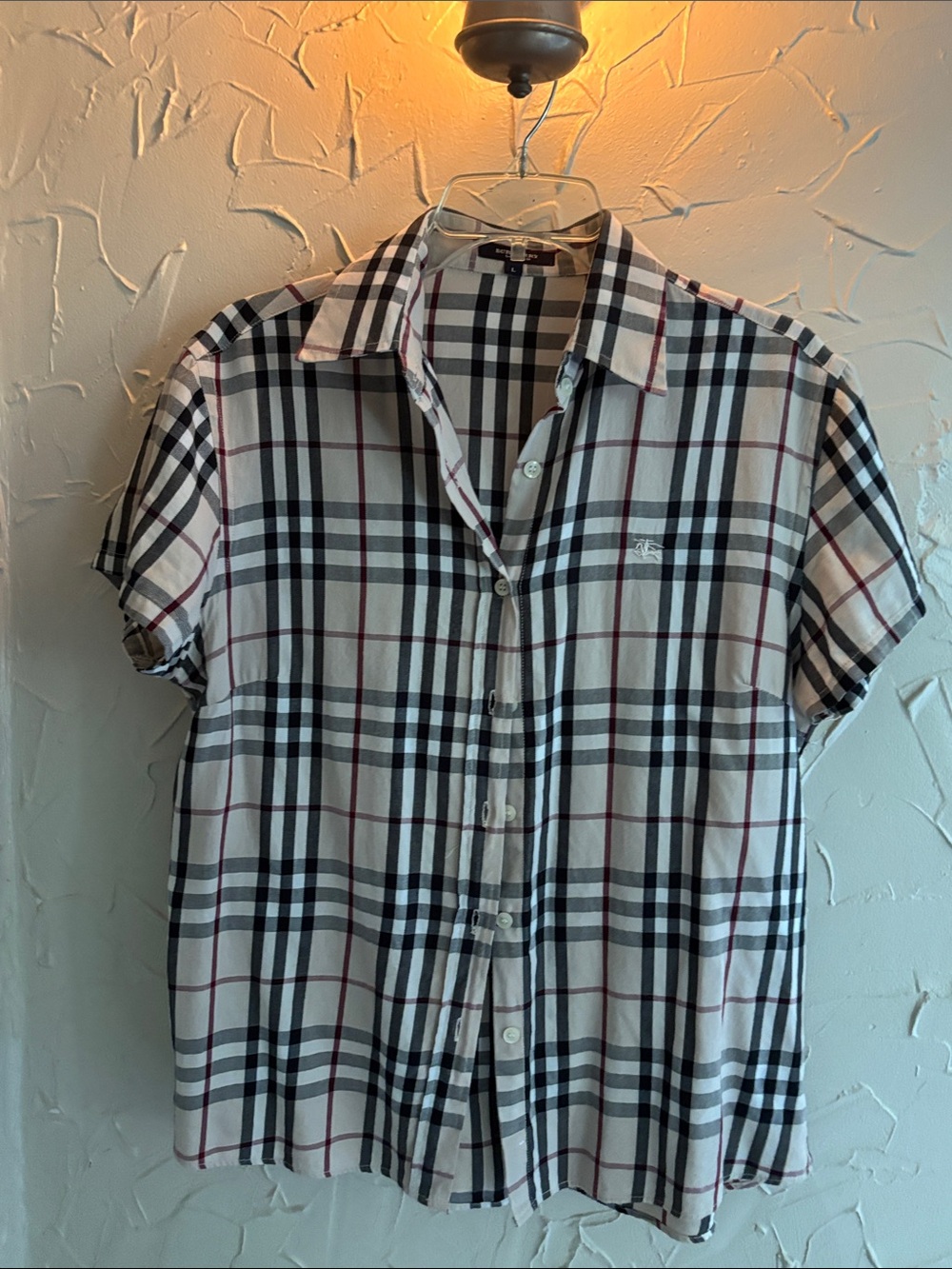 Burberry Plaid Short-Sleeve Button-Up Blouse in Beige, Black & Red